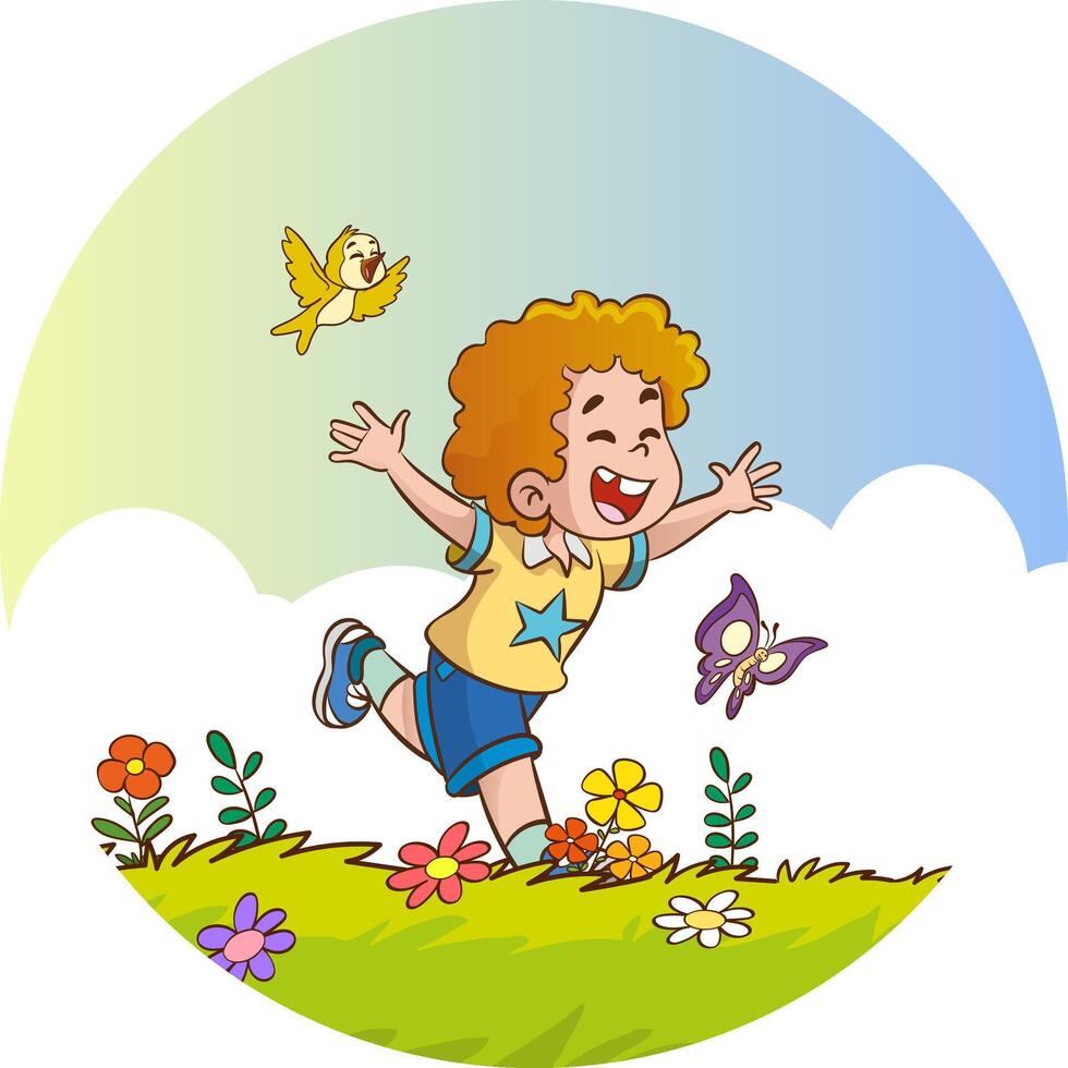 Vector illustration of happy cute children jumping on the grass on a sunny day