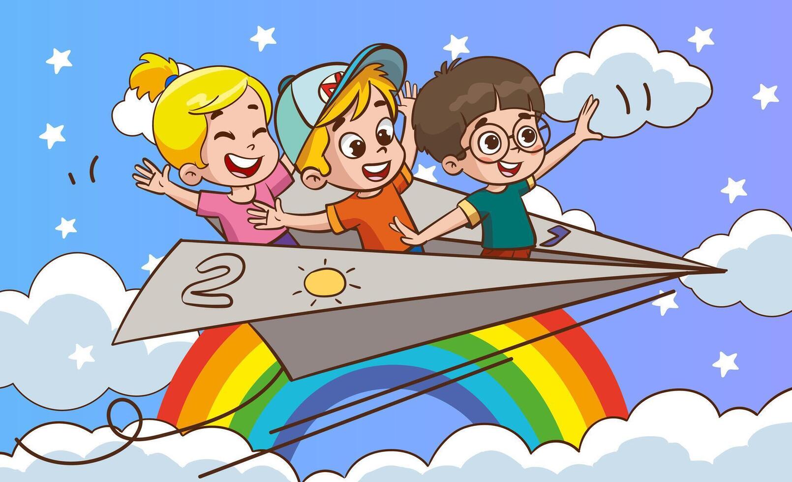 Cartoon Kids Flying With Paper Plane.kids ride paper plane vector illustration
