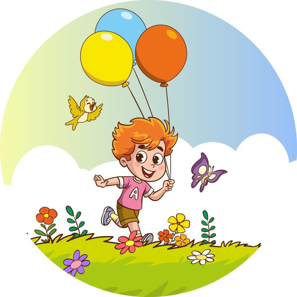Vector illustration of little cute children playing with a kite in the garden.