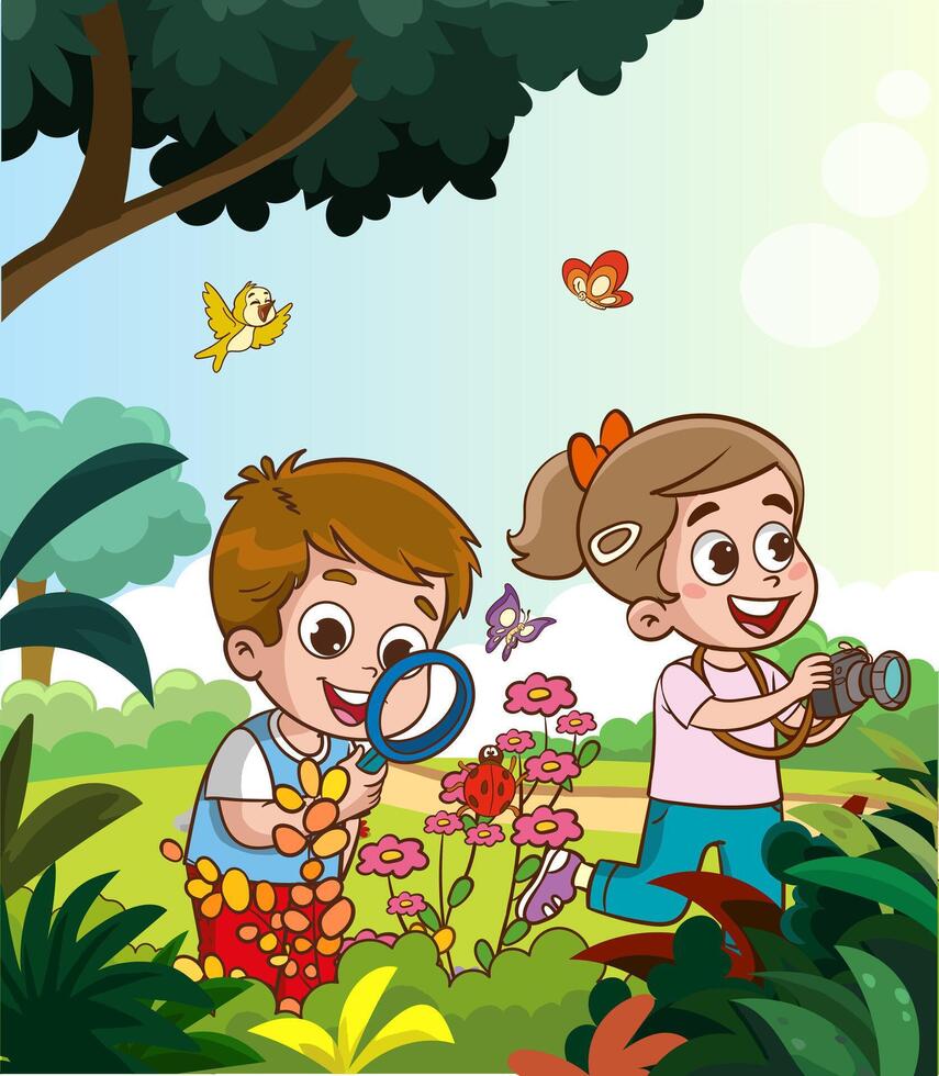 Cute boy and girl exploring insects in nature cartoon vector illustration