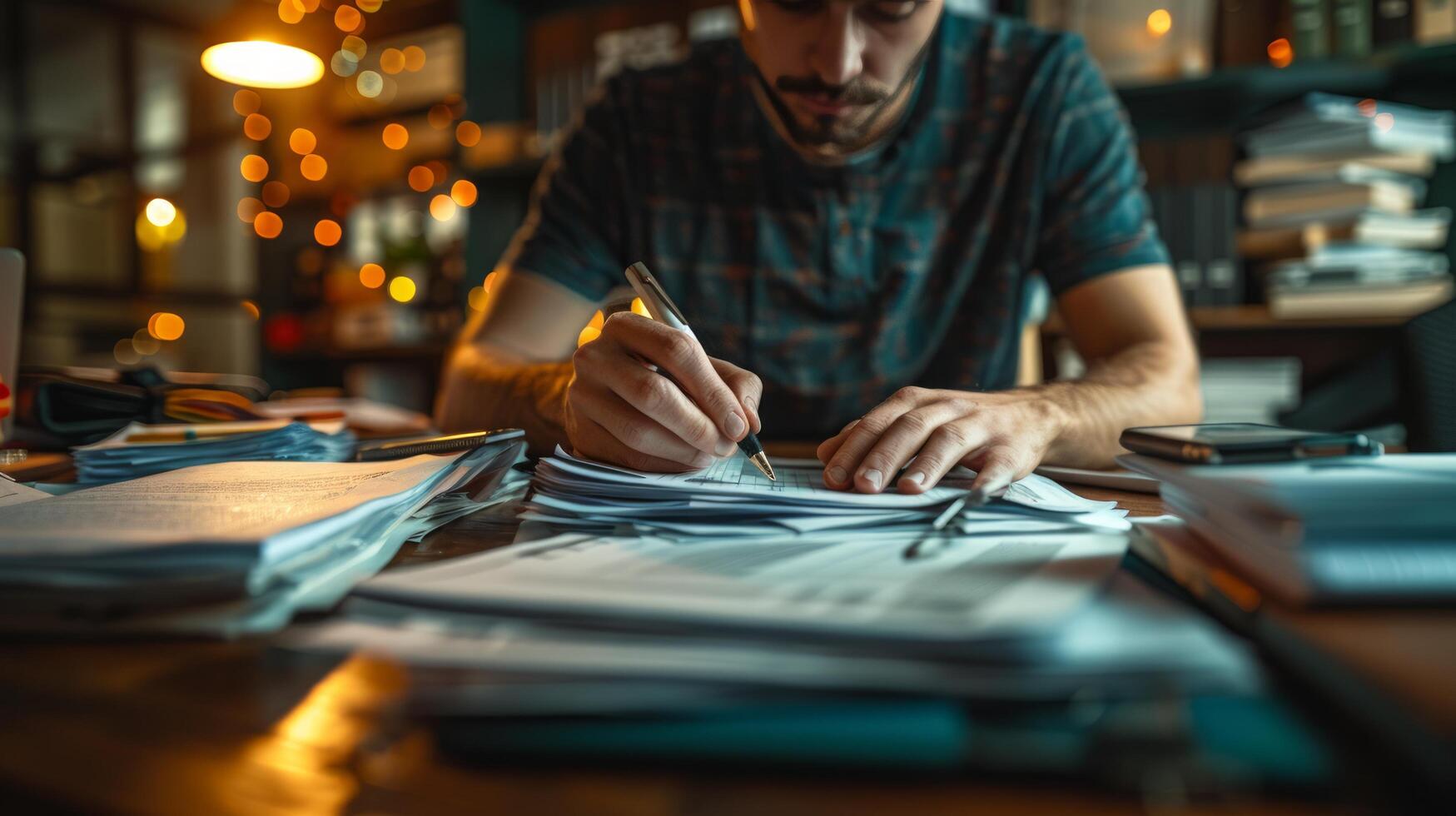 ai generado hombre escritura en papel a mesa foto