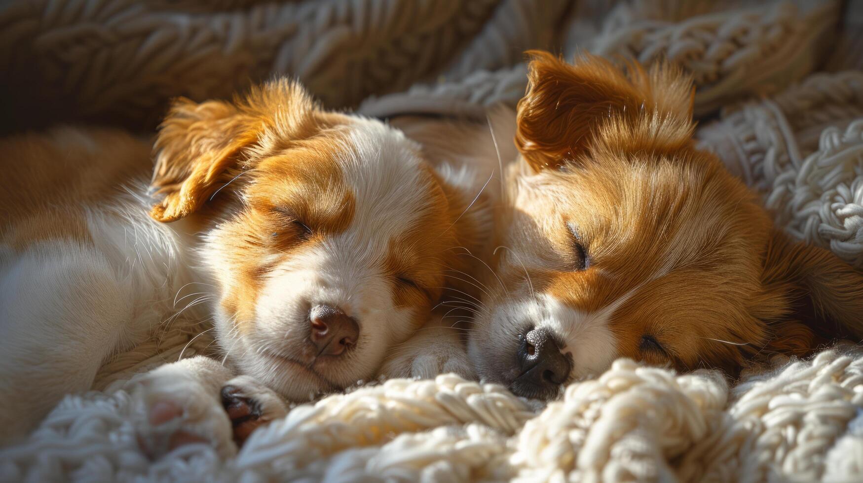 AI generated Two Puppies Sleeping Together on a Blanket photo