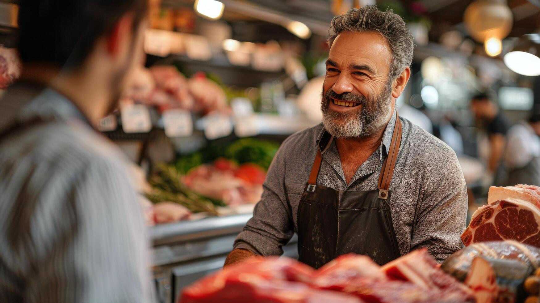 ai generado hombre en un sombrero en pie en frente de carne foto