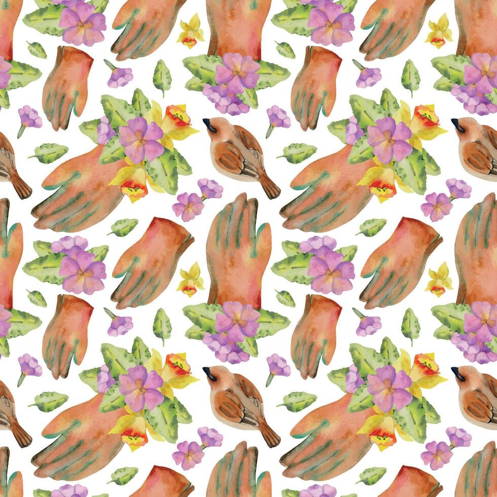 Hand drawn watercolor illustration spring gardening, leather protective glove with leaves and flowers, sparrow bird. Seamless pattern isolated on white background. Print, shop, scrapbooking, packaging vector