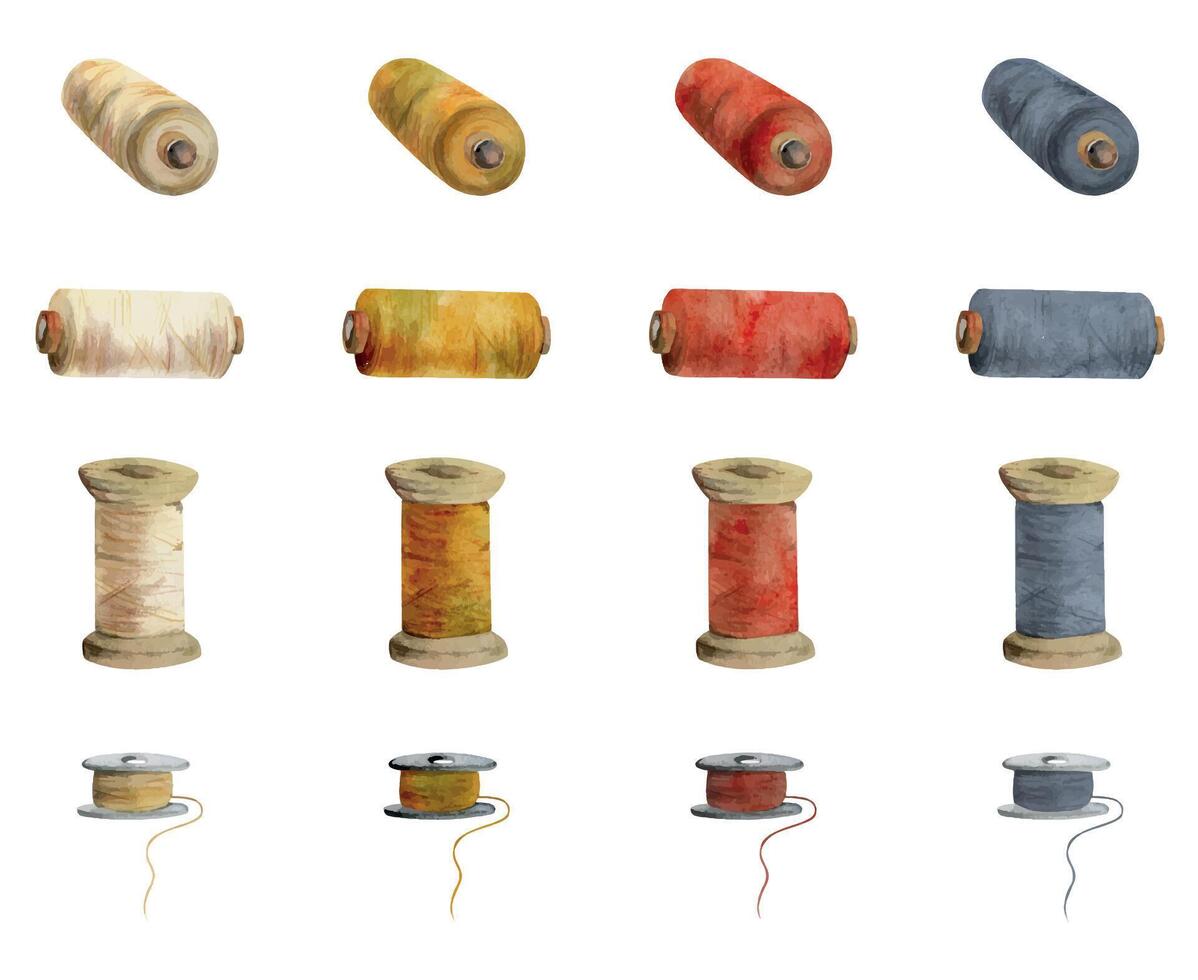 Hand drawn watercolor illustration sewing craft embroidery stitching supplies. Thread bobbins spools skeins yarn. Set of objects isolated on white background. Design atelier, tailor, hobby shop vector