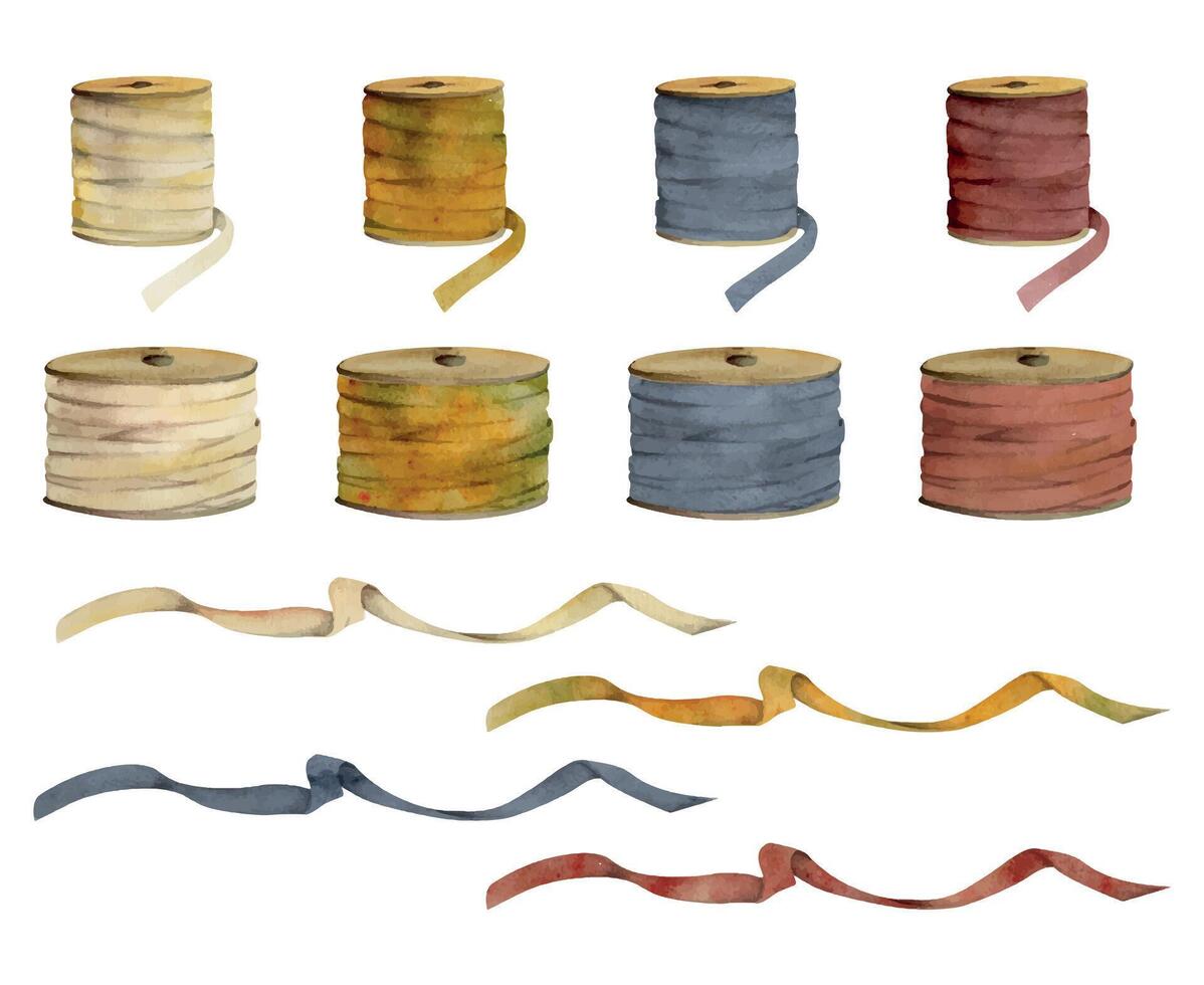 Hand drawn watercolor illustration sewing craft embroidery supplies. Ribbon bobbins fabric strap streamer serpentine. Set of objects isolated on white background. Design atelier, tailor, hobby shop vector