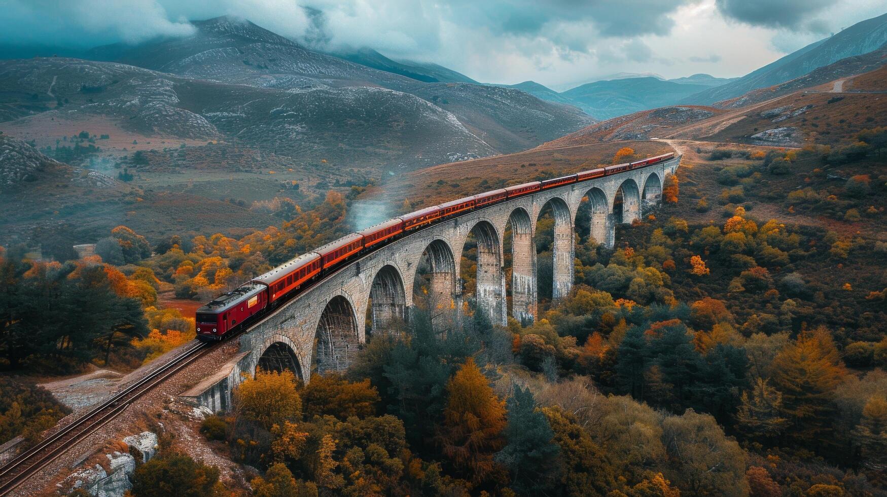 ai generado tren cruce puente con montañas en antecedentes foto