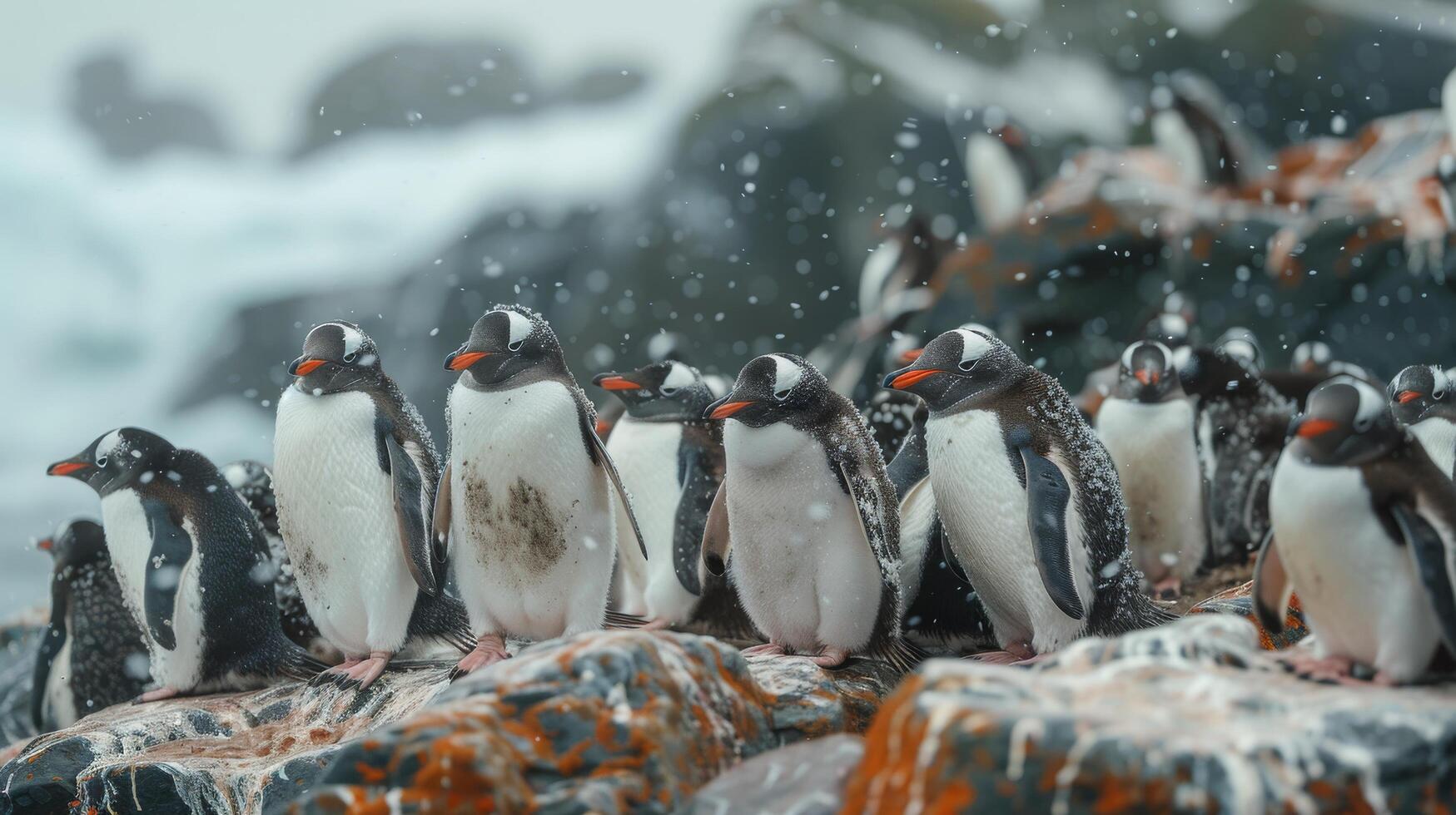 AI generated Group of Penguins Standing in the Snow photo