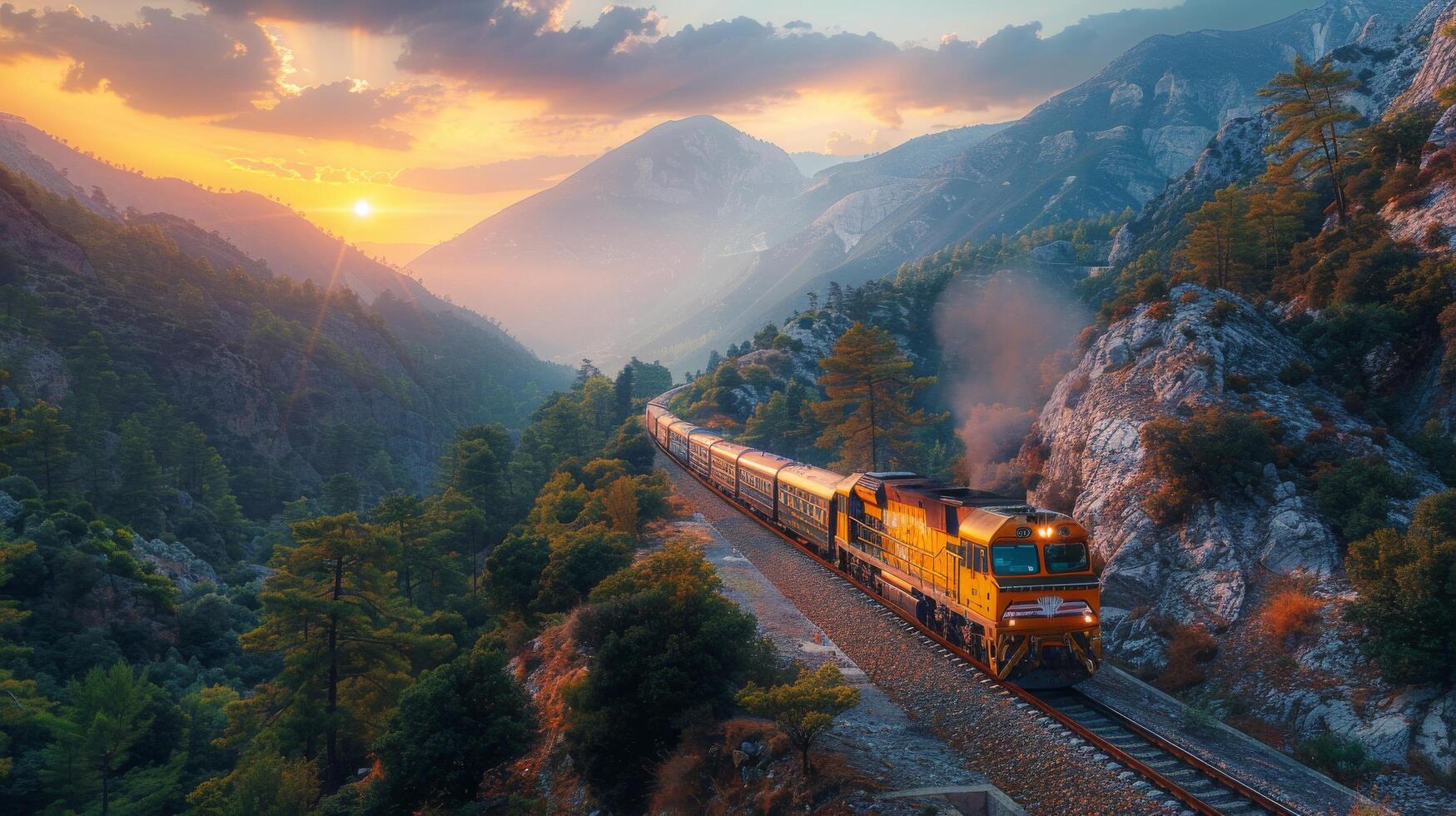 ai generado tren de viaje mediante lozano verde bosque foto