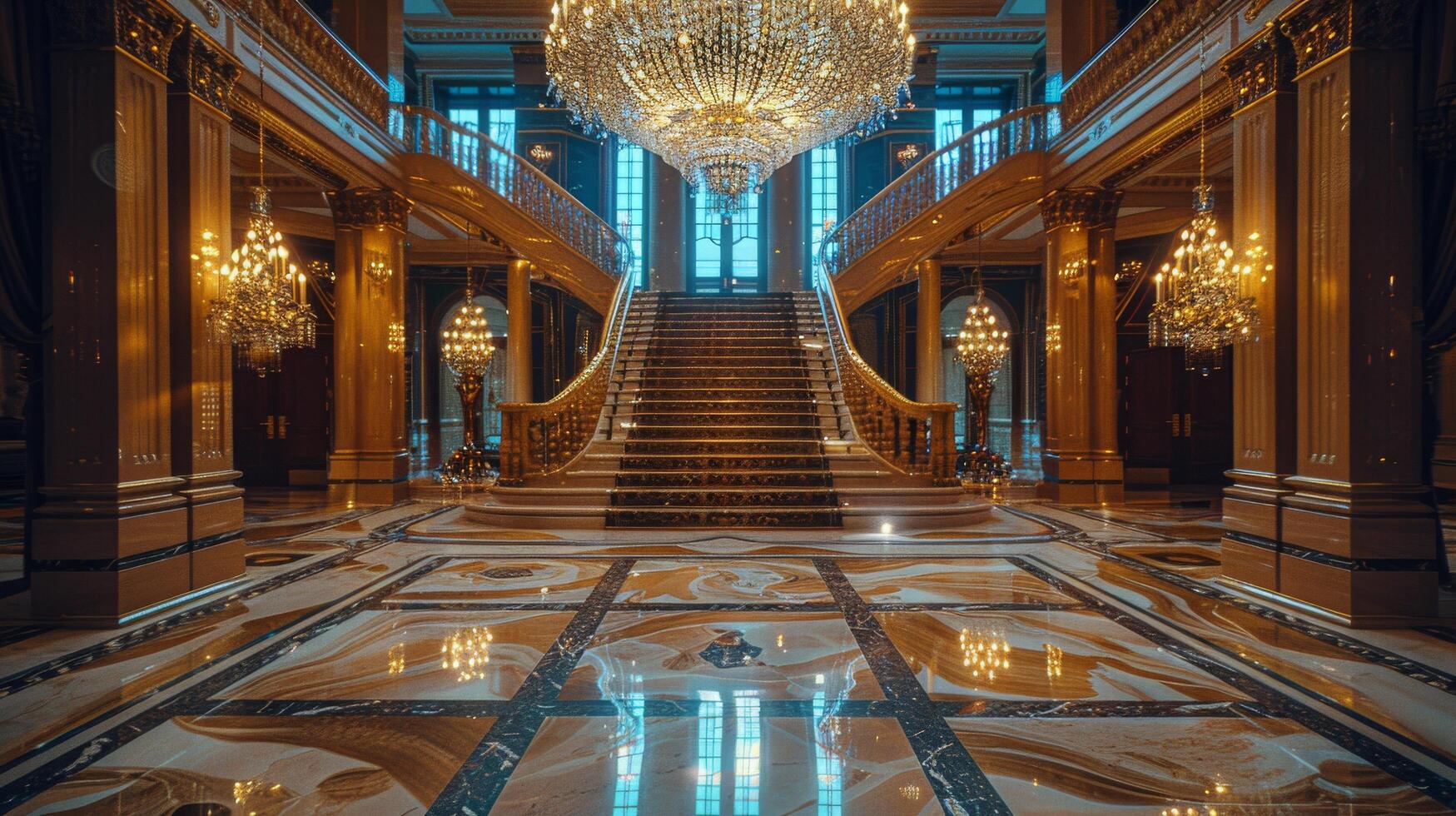 AI generated Elegant Staircase and Chandeliers photo