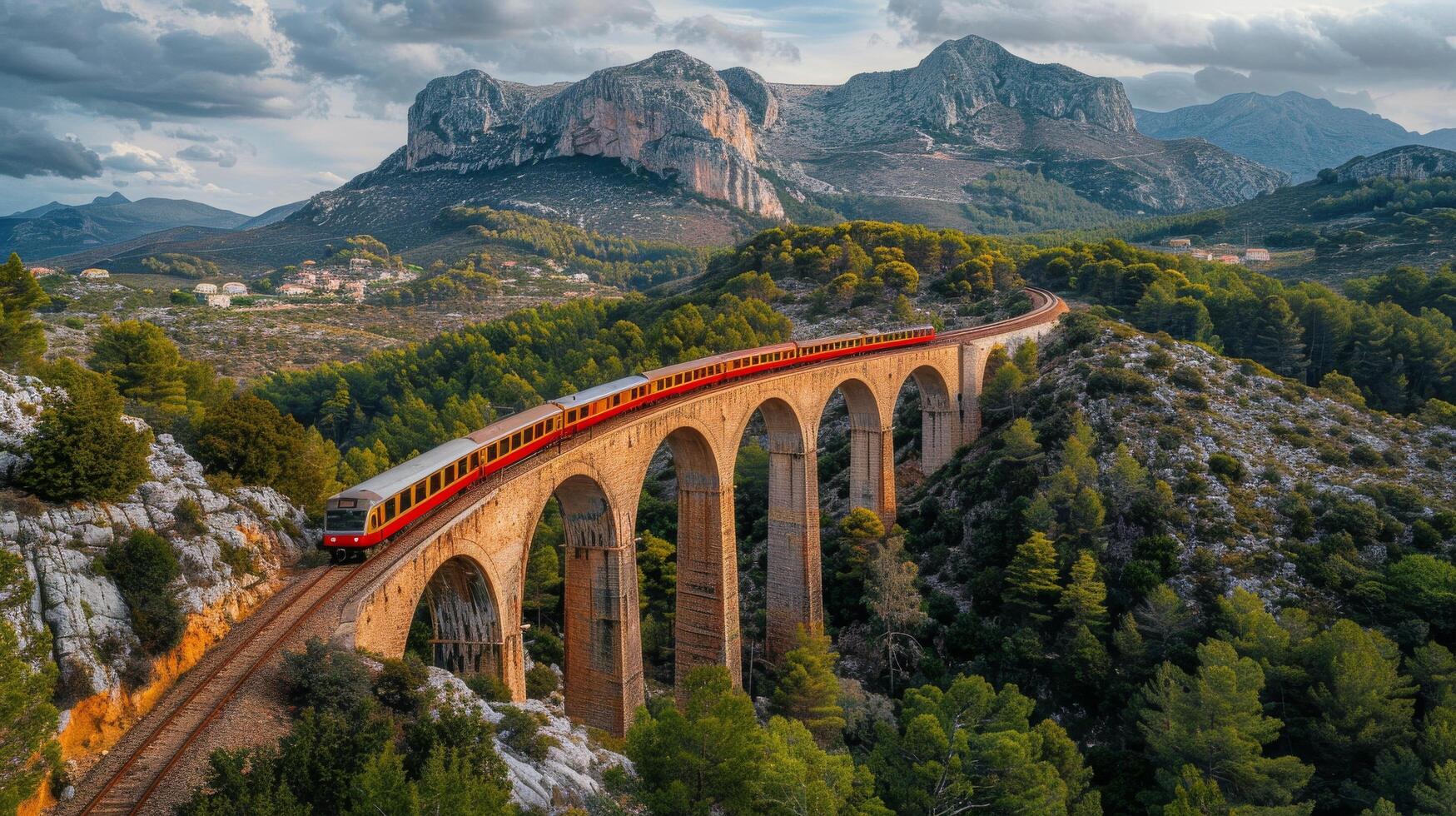 ai generado tren cruce puente con montañas en antecedentes foto