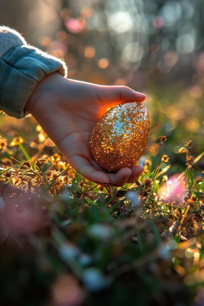 AI generated Childs Hand Holding Easter Egg in Field of Flowers photo