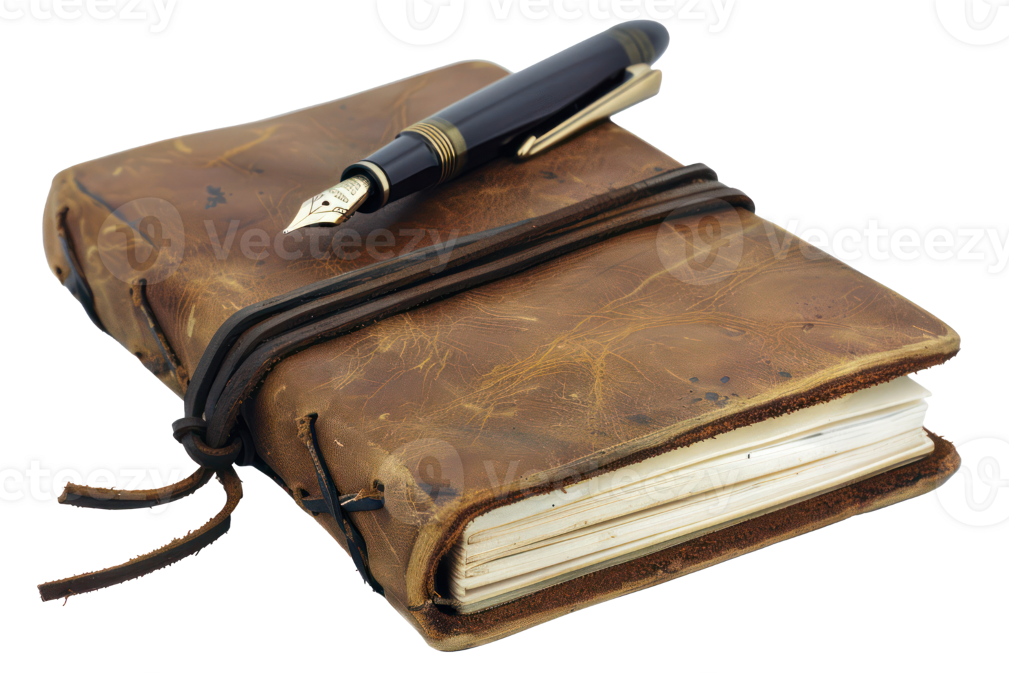 AI generated Vintage leather journal with fountain pen png