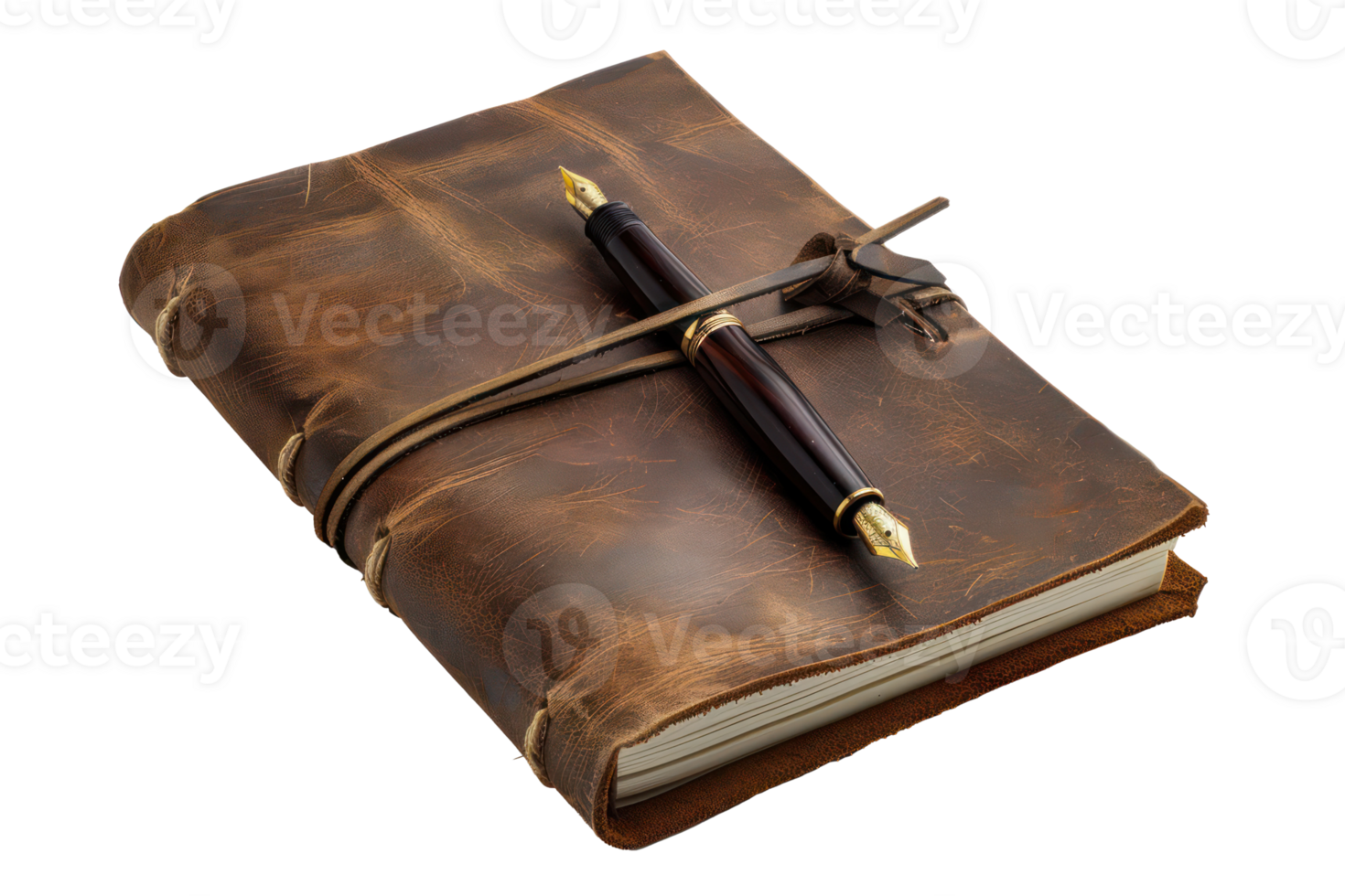 AI generated Vintage leather journal with fountain pen png