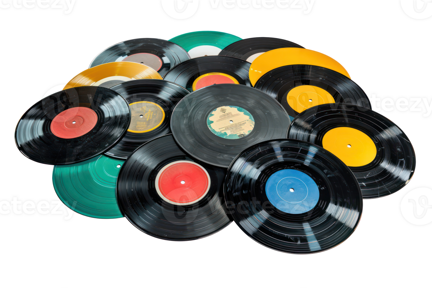 AI generated Collection of vintage vinyl records with colorful labels png