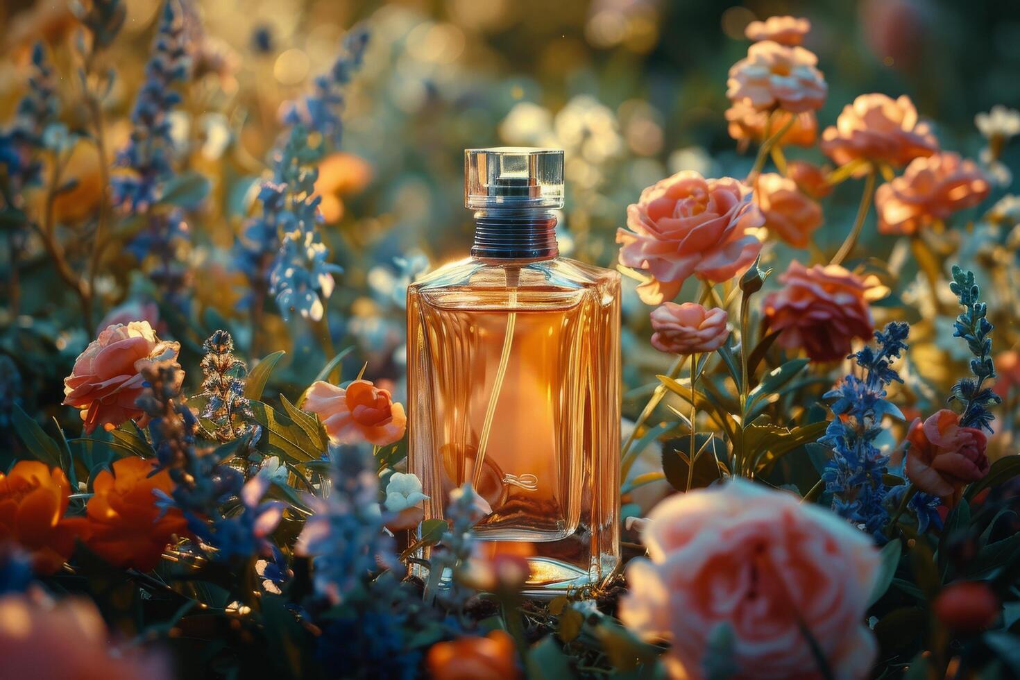 AI generated Bottle of Perfume in Field of Flowers photo