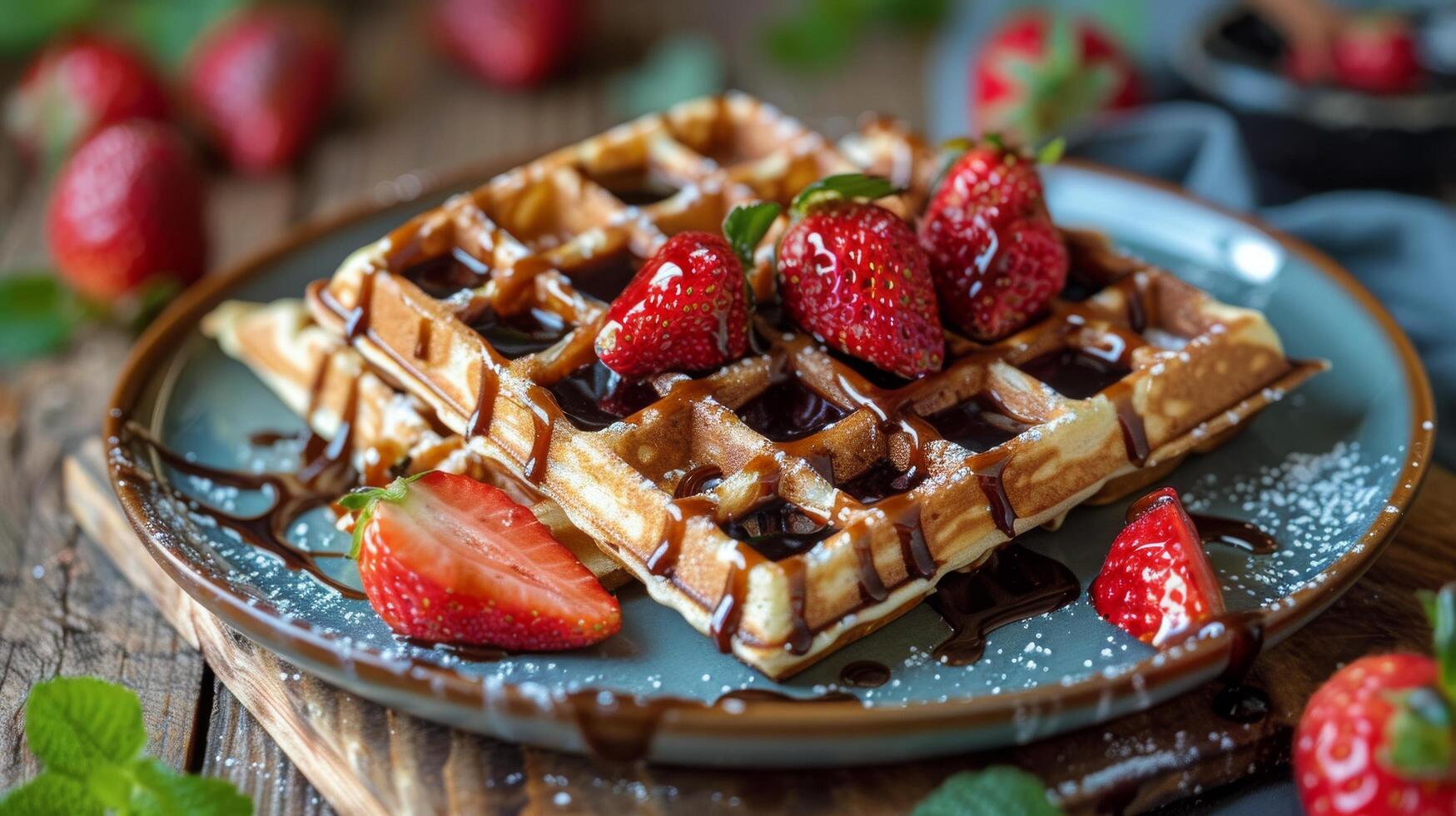 AI generated Delicious Waffles With Syrup and Strawberries photo