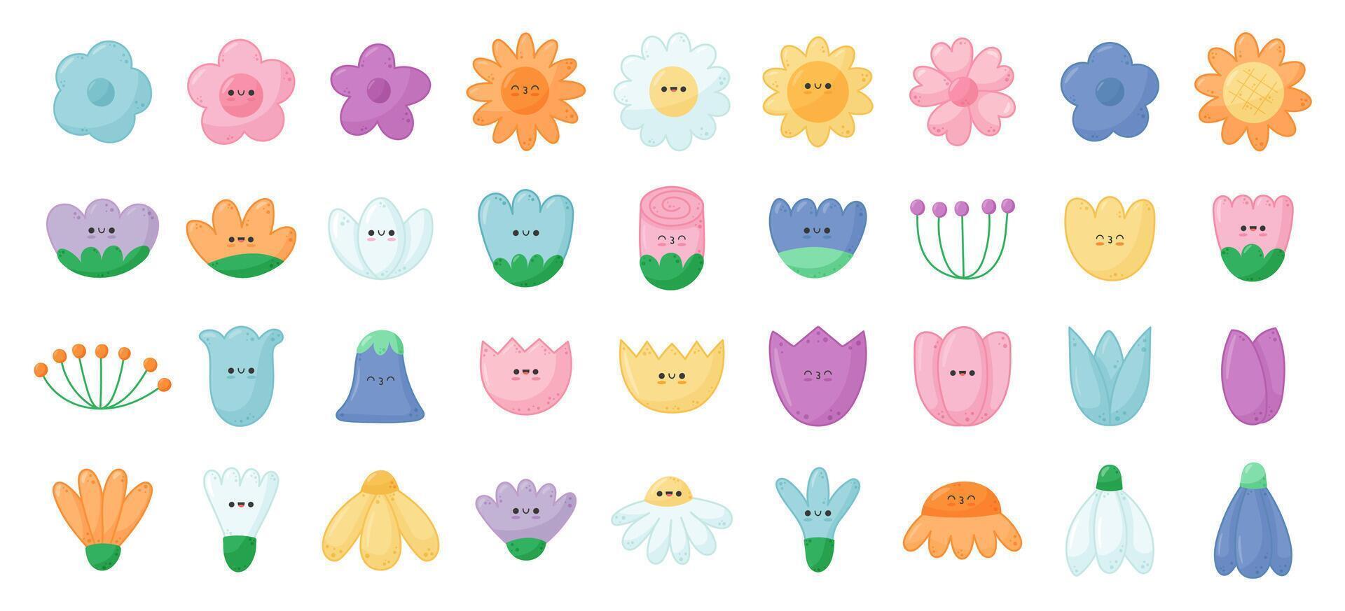 kawaii brotes verano y primavera flores colocar. linda personaje flores con gracioso caras. dibujos animados vector ilustración