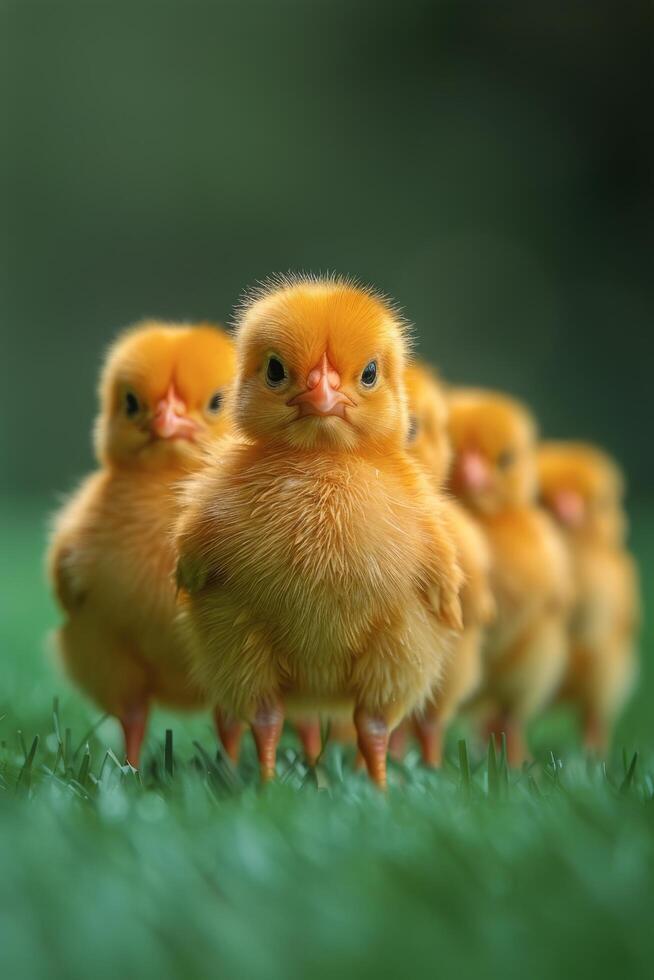 AI generated Group of Small Yellow Chicks on Blue Surface photo