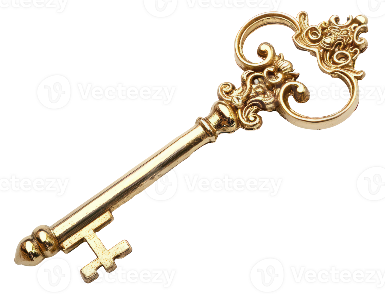 AI generated Ornate antique gold key on transparent background - stock png. png