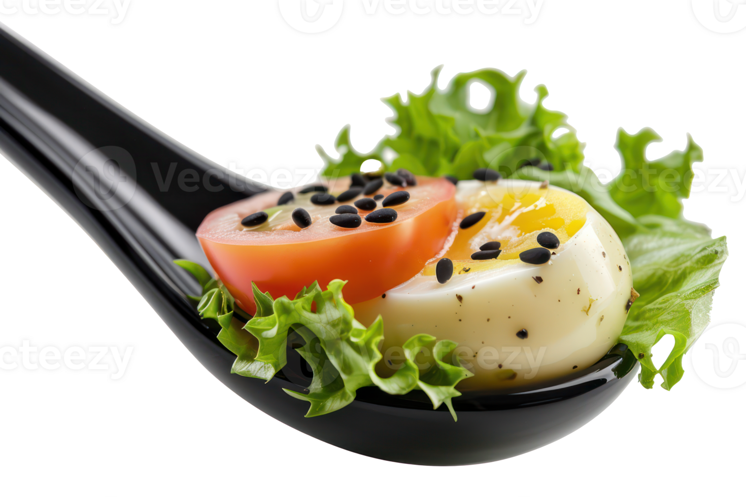 AI generated Fresh tomato and egg garnished with black sesame on a spoon on transparent background - stock png. png
