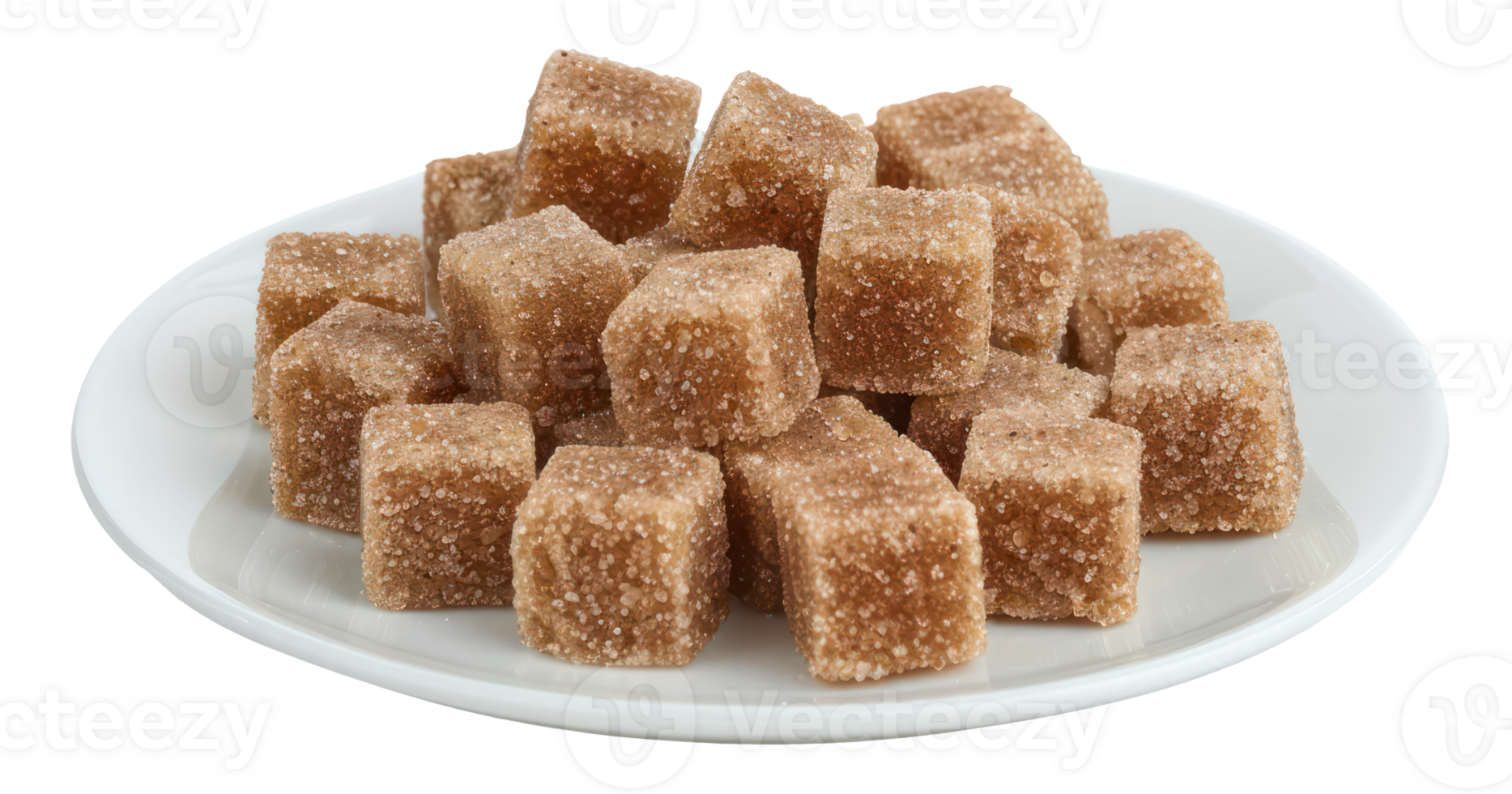 AI generated Natural brown sugar cubes piled on a white plate on transparent background - stock png. png