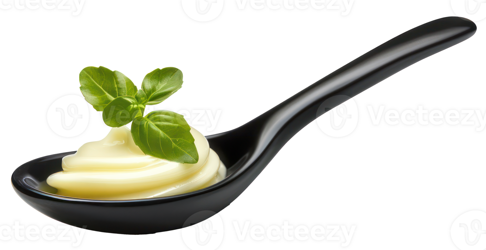 AI generated Fresh basil garnishing a creamy dollop of butter on a spoon on transparent background - stock png. png