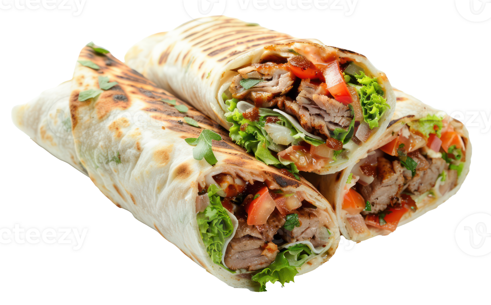 AI generated Delicious shawarma wraps with meat and vegetables on transparent background - stock png. png