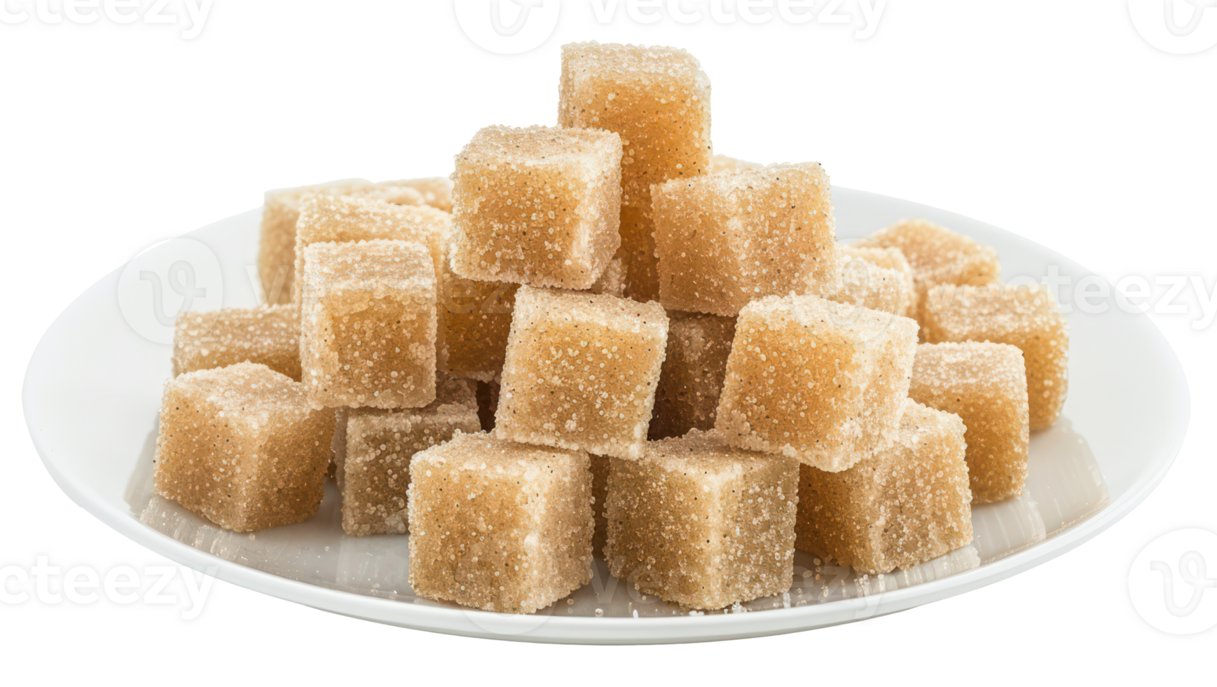 AI generated Natural brown sugar cubes piled on a white plate on transparent background - stock png. png