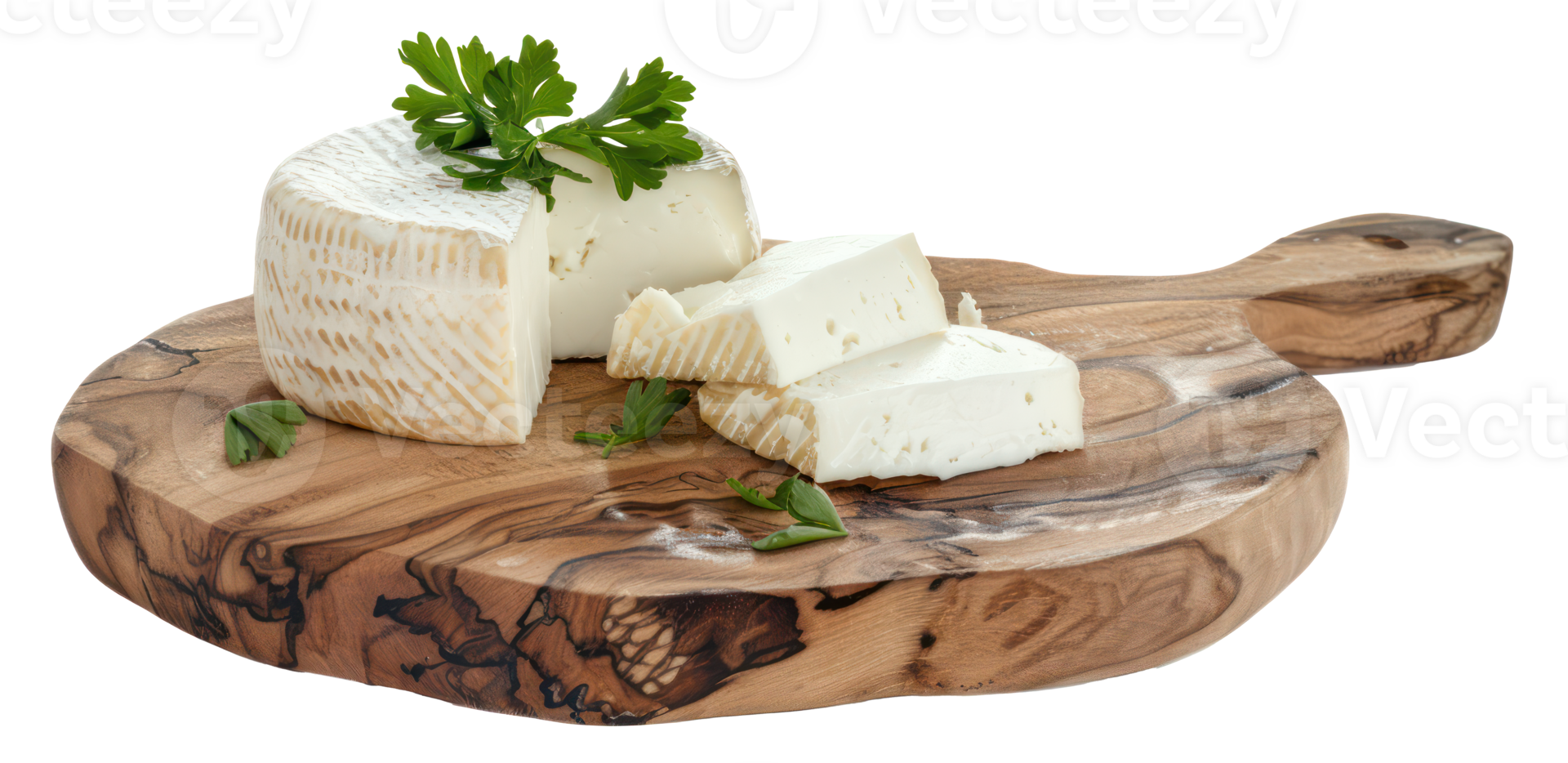 ai généré artisan fromage avec Frais vert herbes sur une en bois portion planche sur transparent Contexte - Stock png. png