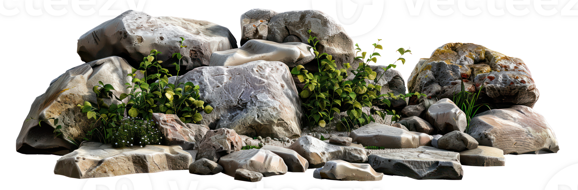 AI generated Serene rocky garden with diverse plants and stones on transparent background - stock png. png