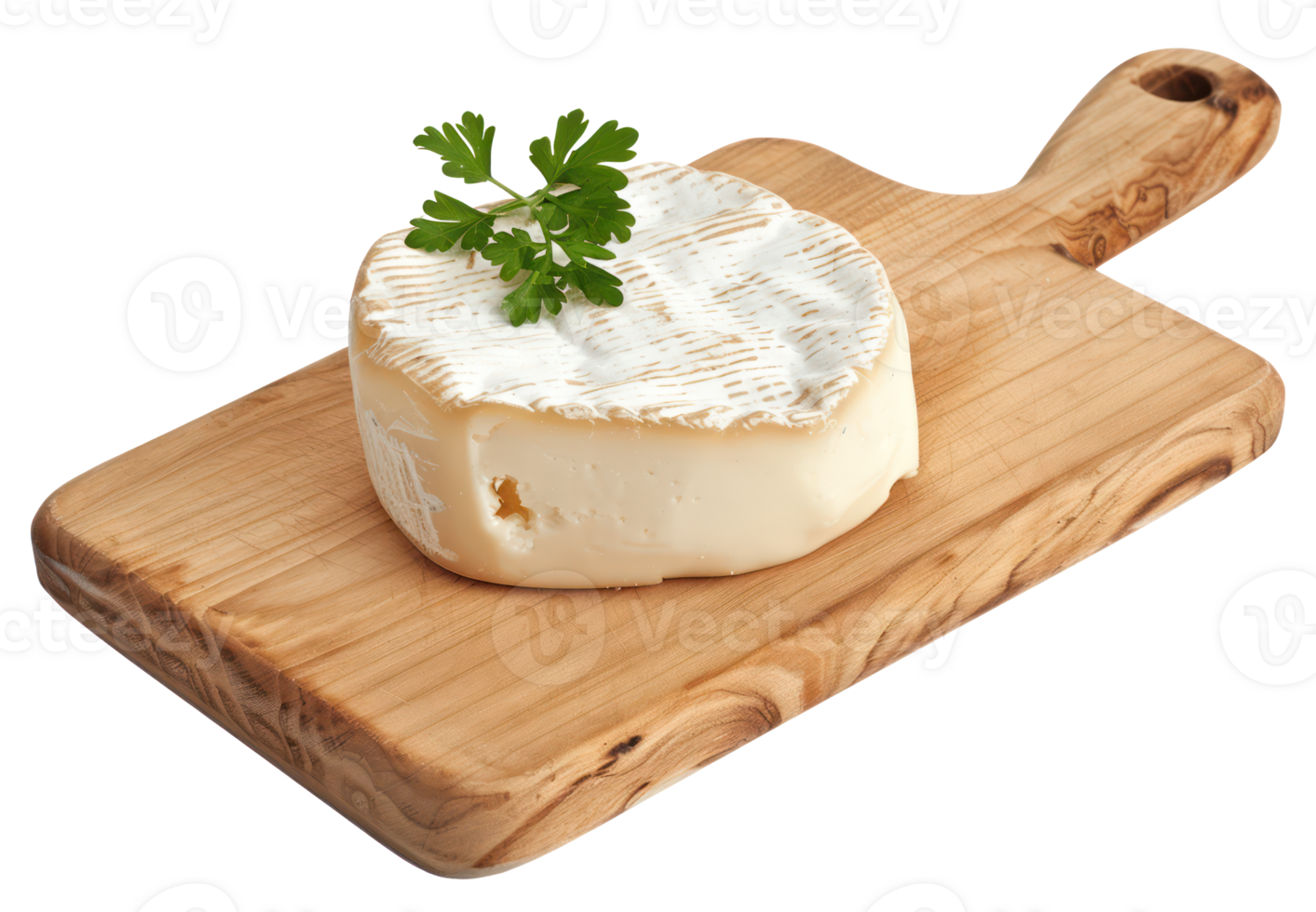 AI generated Artisan cheese with fresh green herbs on a wooden serving board on transparent background - stock png. png