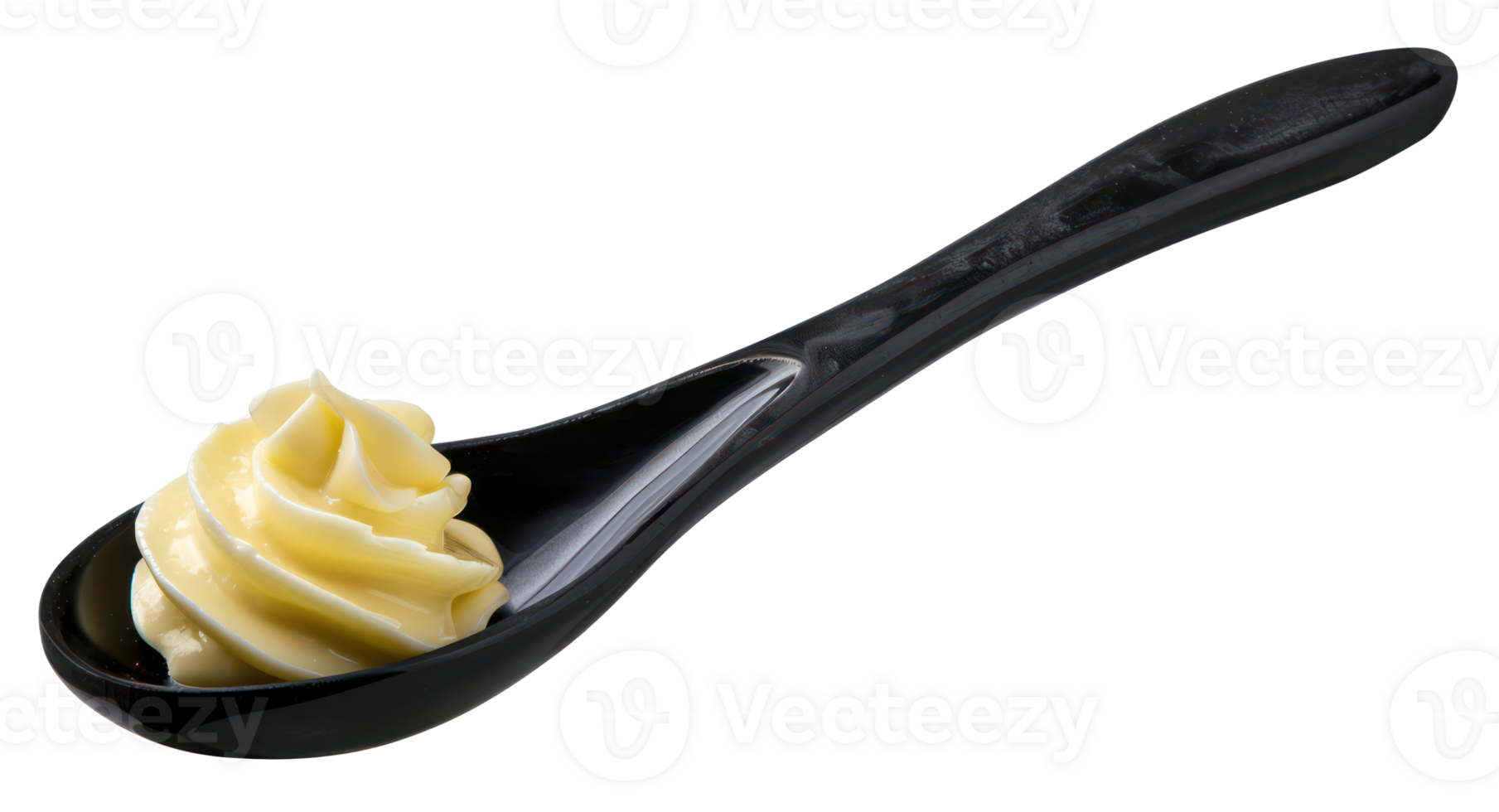 AI generated Creamy dollop of yellow butter on a black spoon on transparent background - stock png. png