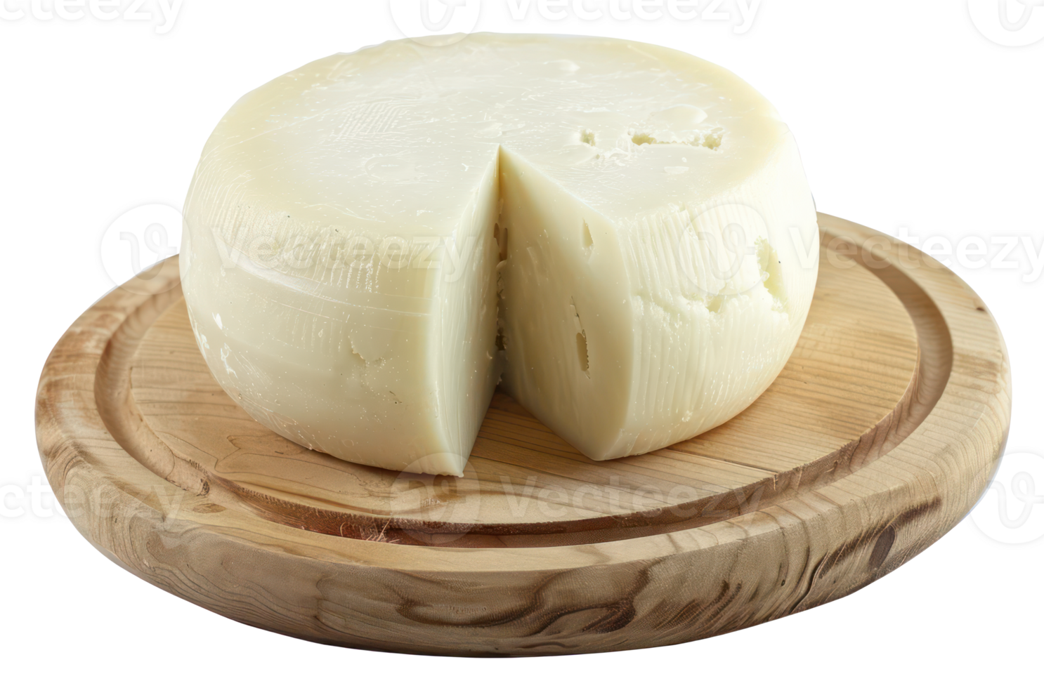 AI generated Whole round cheese on a matching round wooden board on transparent background - stock png. png