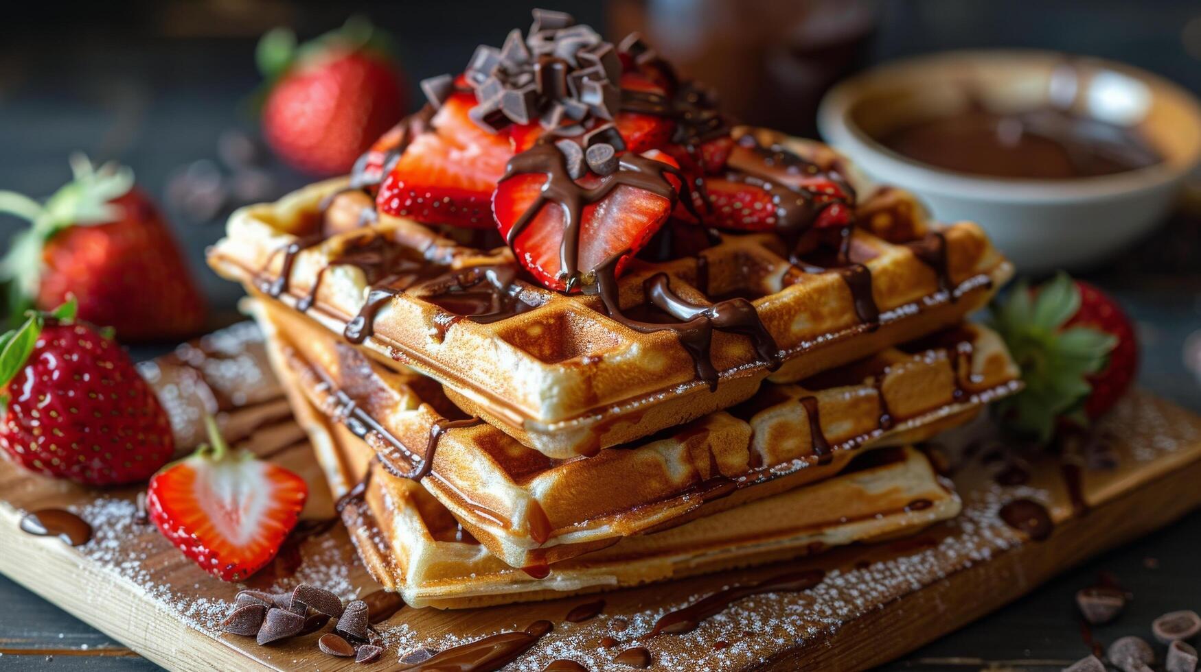 AI generated Stack of Waffles Topped With Strawberries and Chocolate photo