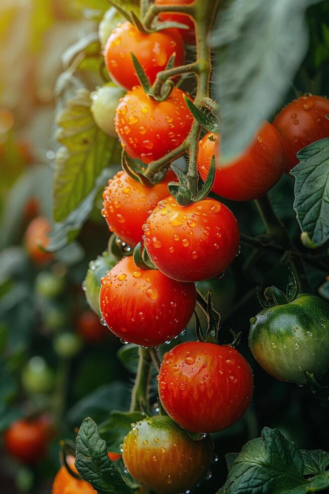 ai generado racimo de Tomates colgando desde un árbol foto