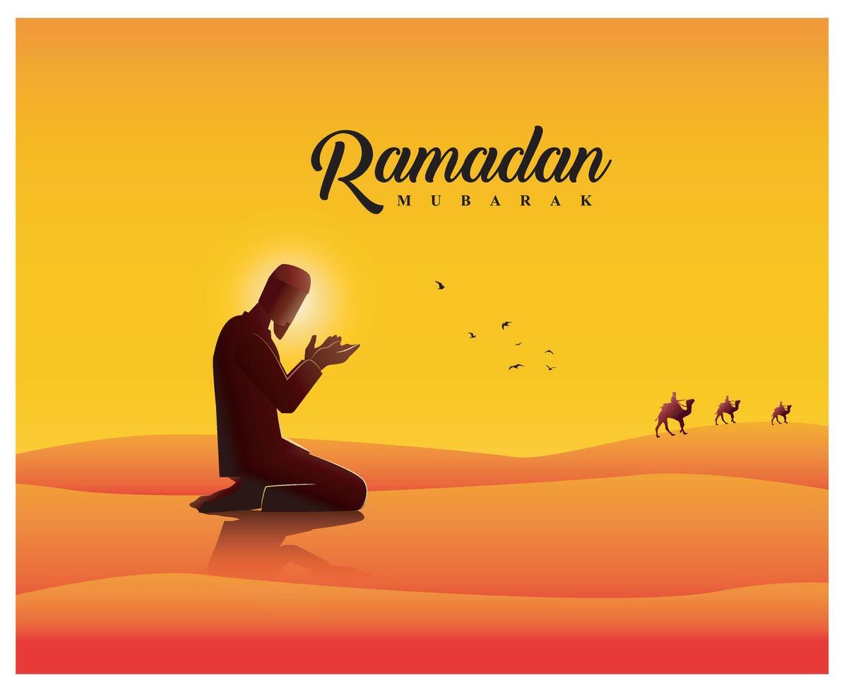 Ramadán kareem en Arábica caligrafía saludos con islámico mezquita y decoración, traducido Ramadán kareem saludo tarjeta, calendario, volante, y póster vector diseño