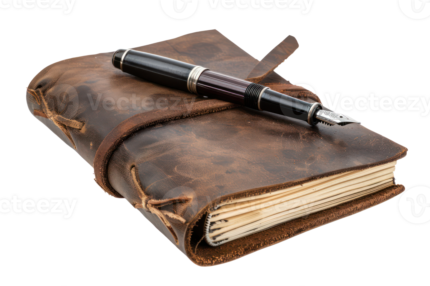 AI generated Vintage leather journal with fountain pen png