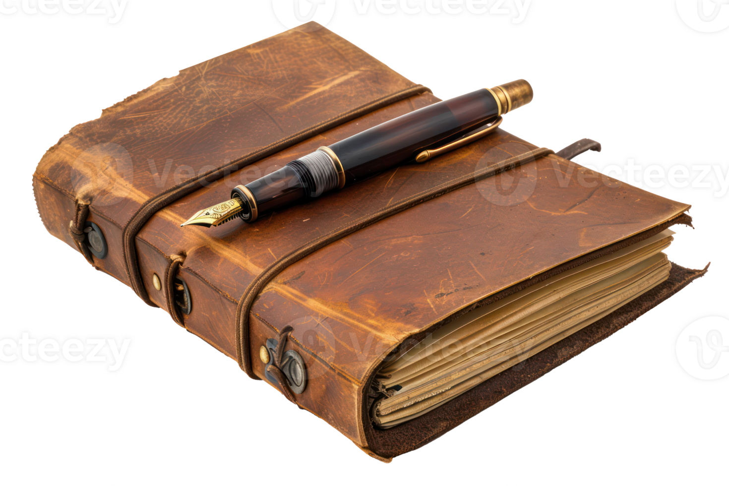 AI generated Vintage leather journal with fountain pen png