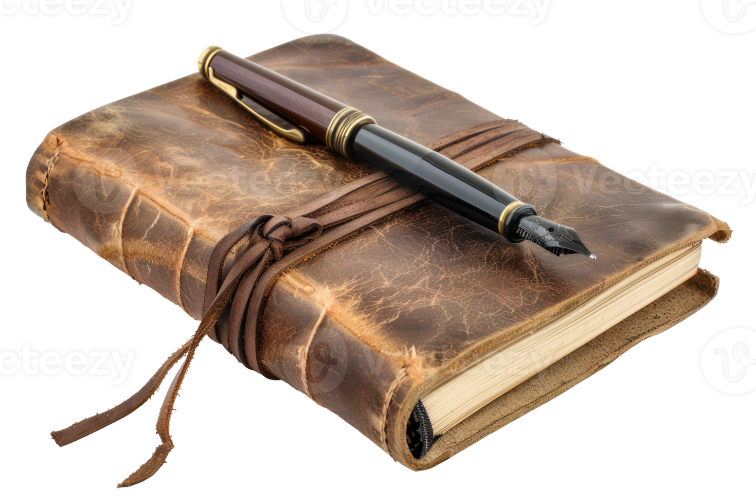 AI generated Vintage leather journal with fountain pen png