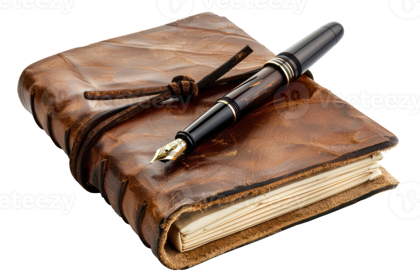 AI generated Vintage leather journal with fountain pen png