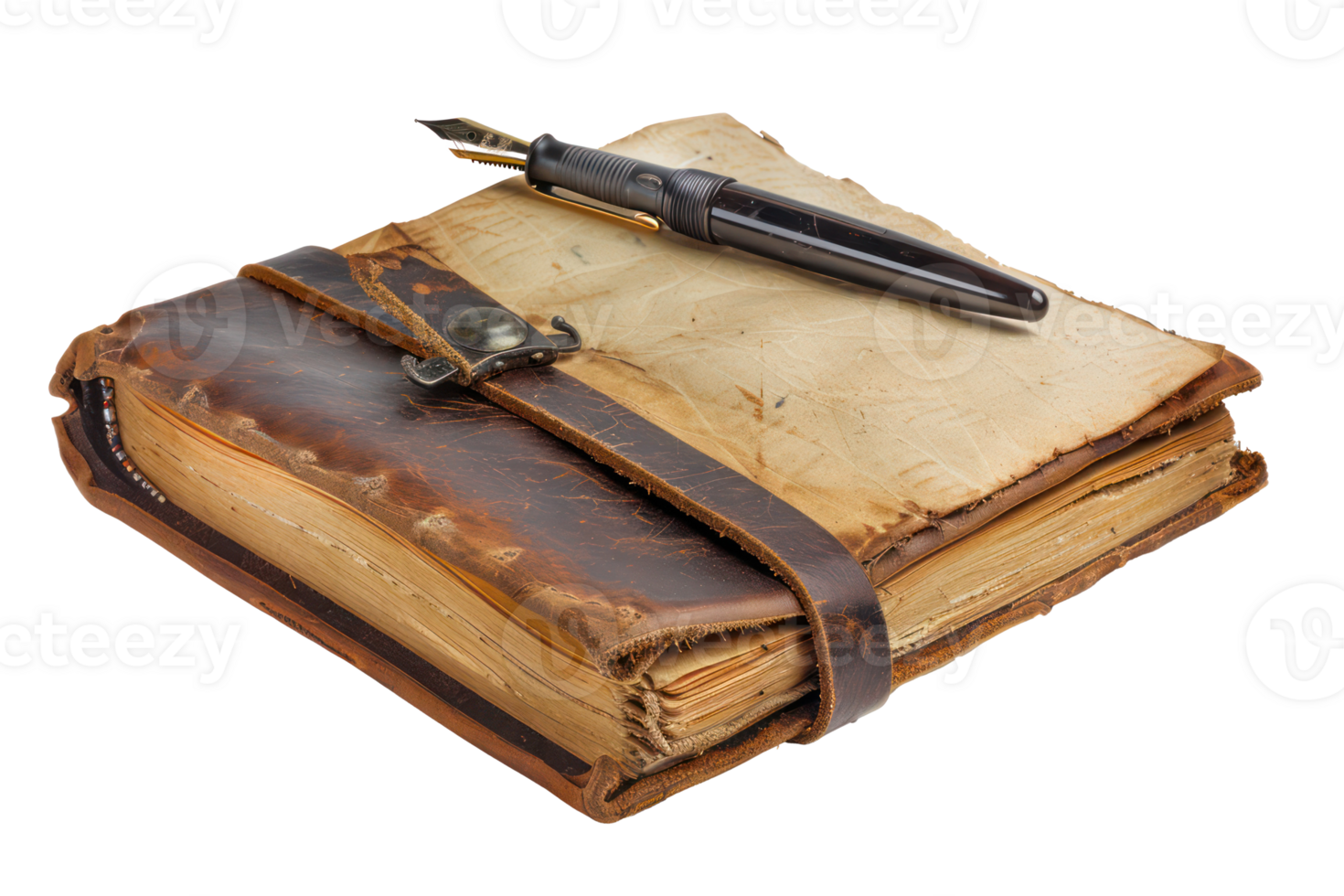 AI generated Vintage leather journal with fountain pen png