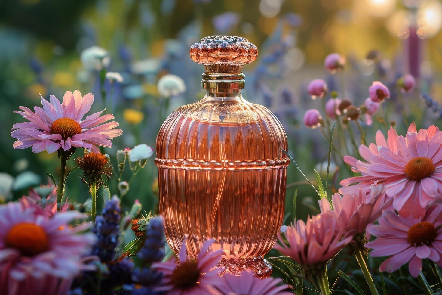 AI generated Bottle of Perfume in Field of Flowers photo