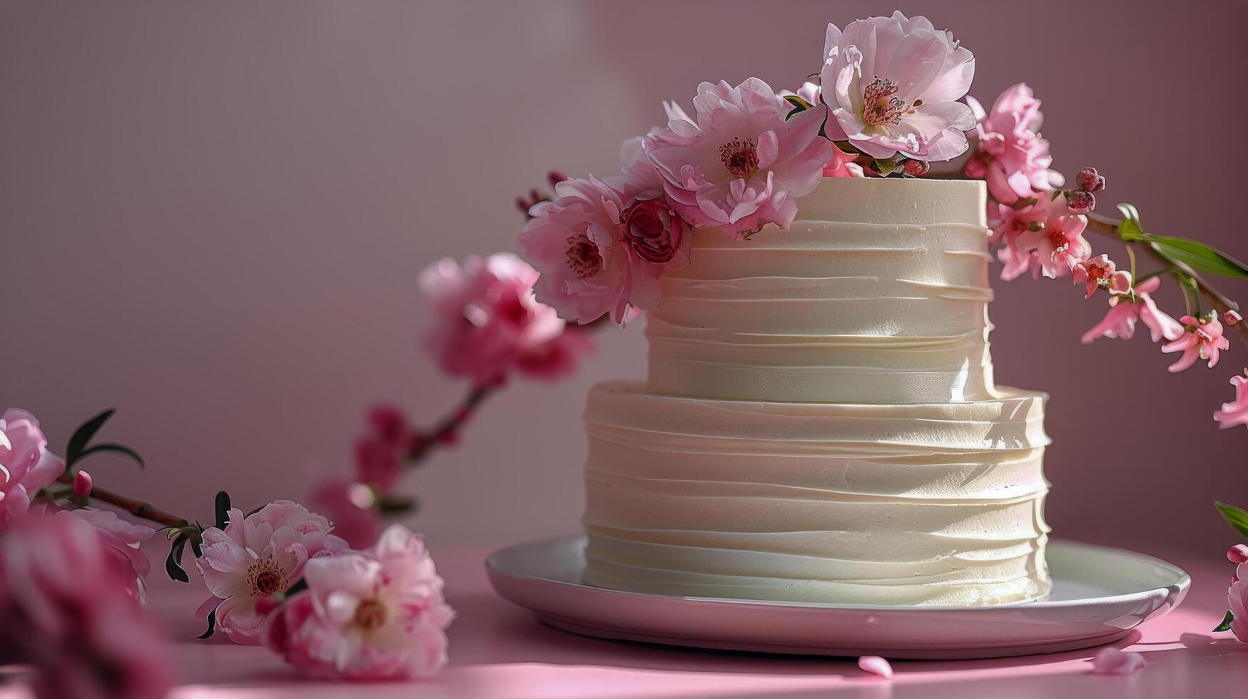 ai generado elegante blanco Boda pastel con rosado flores foto