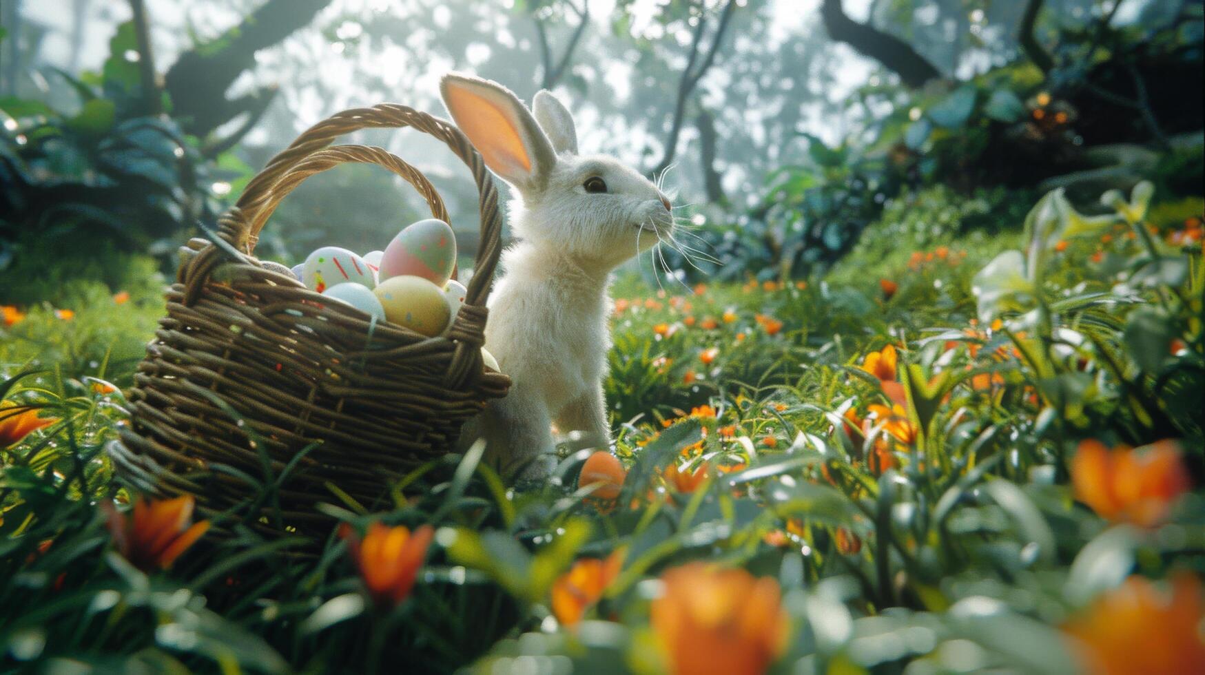AI generated White Rabbit Sitting in Grass With Basket of Eggs photo