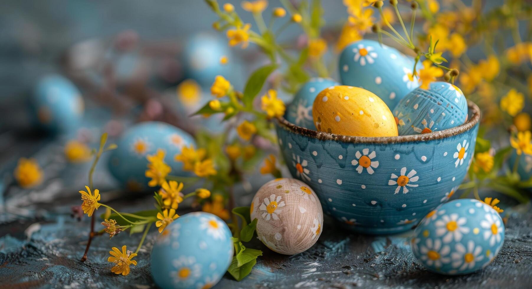AI generated Blue Bowl Filled With Yellow Painted Eggs photo