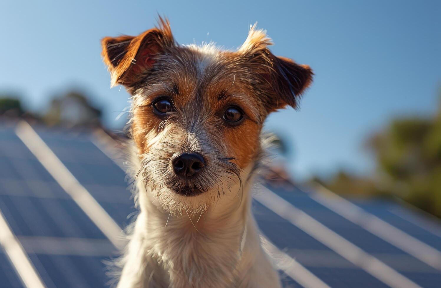 ai generado pequeño perro en pie siguiente a solar panel foto