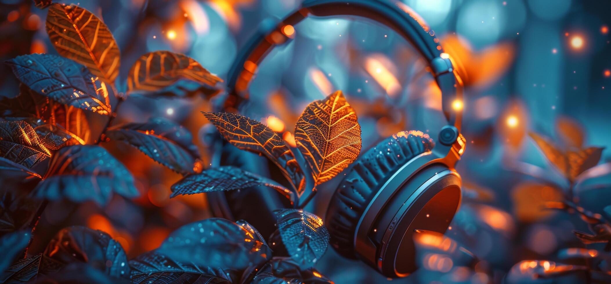 AI generated Headphones Resting on Leaves photo