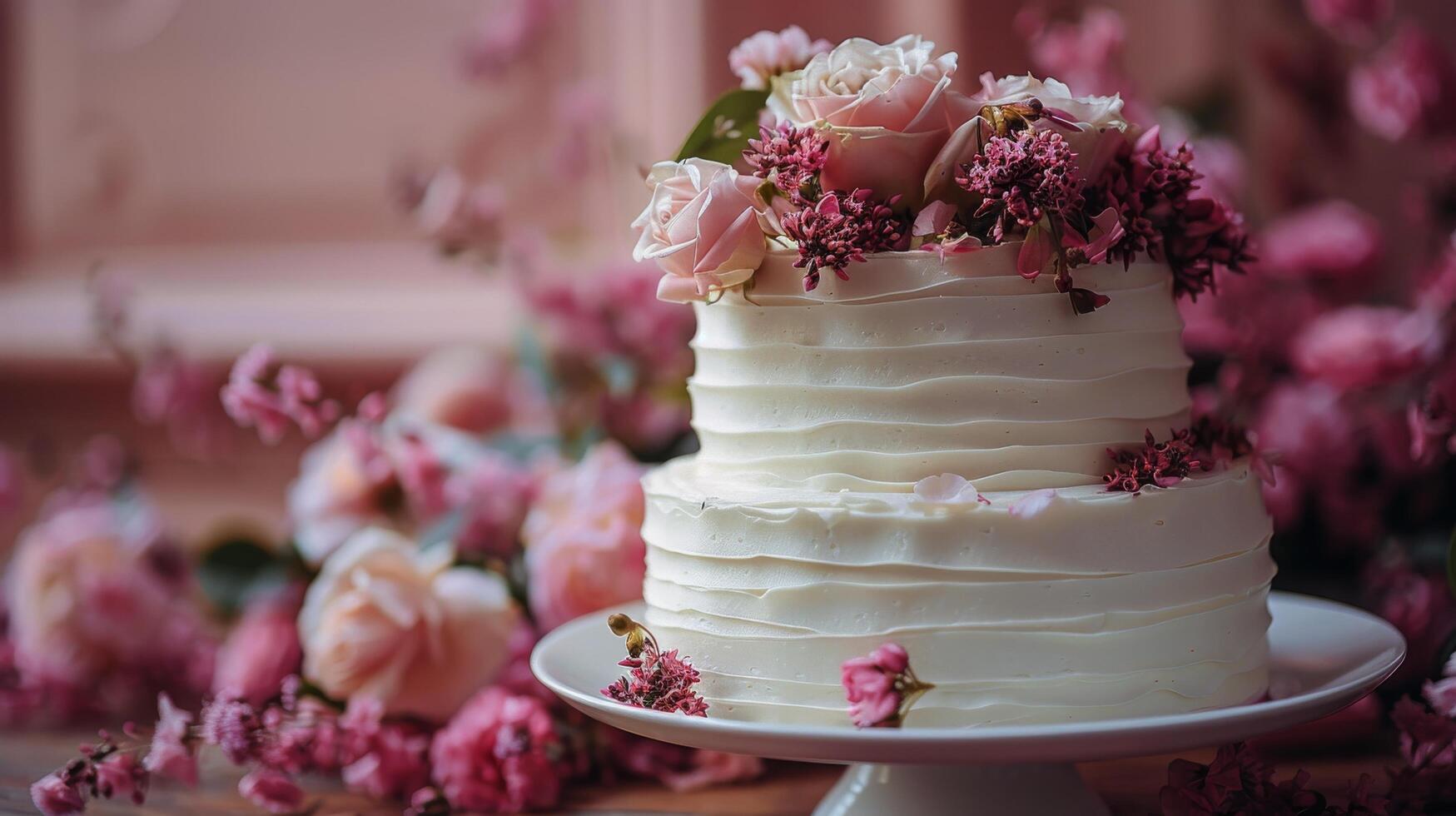 ai generado elegante blanco Boda pastel con rosado flores foto