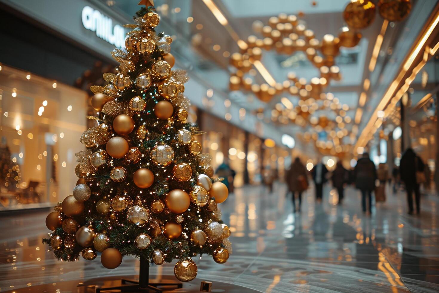 AI generated Christmas Tree in Mall With People Walking Around photo